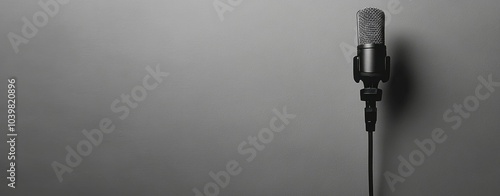 Black and white background with a microphone on a grey wall