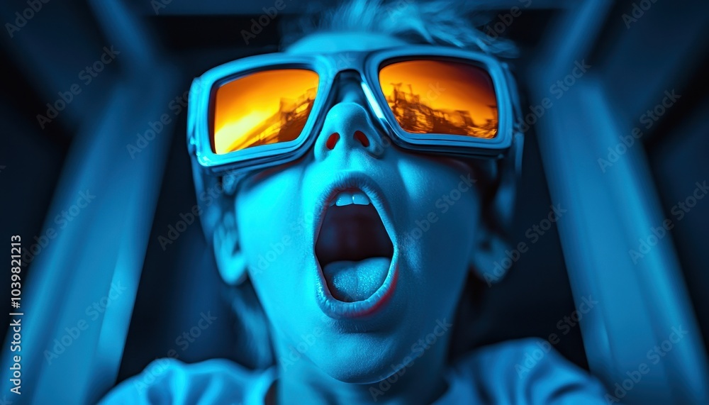 Child wearing 3D glasses with a surprised expression in a darkened room Child wearing 3D glasses with a surprised expression in a darkened room