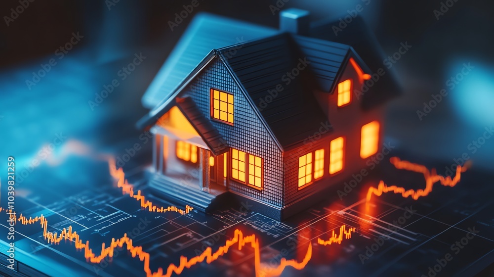 A miniature house with glowing windows sits on a chart with red lines representing a dip in the market. A miniature house with glowing windows sits on a chart with red lines representing a dip in the market.