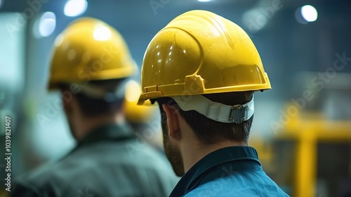 Workers in Safety Helmets at Industrial Site