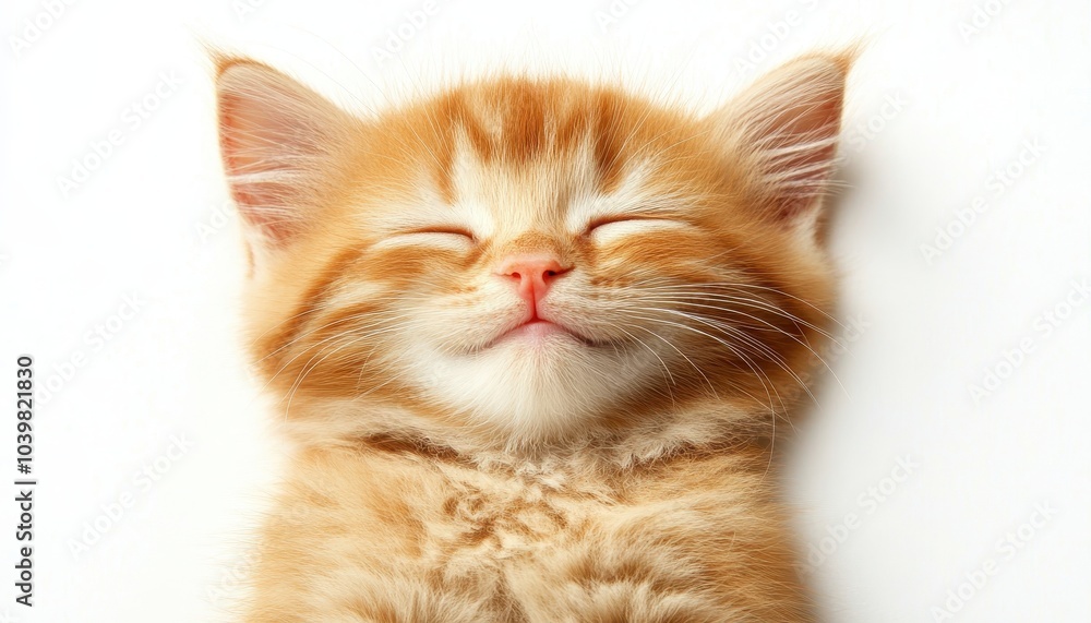 Happy orange kitten lying on a white surface with eyes closed and serene expression Happy orange kitten lying on a white surface with eyes closed and serene expression