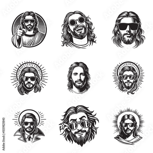 Jesus Christ Face ClipArt Design Bundle - Jesus head vector illustration in black and white
