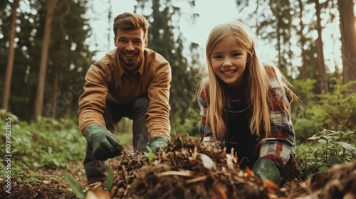 In a forest setting, a parent and their child share a moment of bonding while gathering leaves, illustrating family togetherness and appreciation for nature.