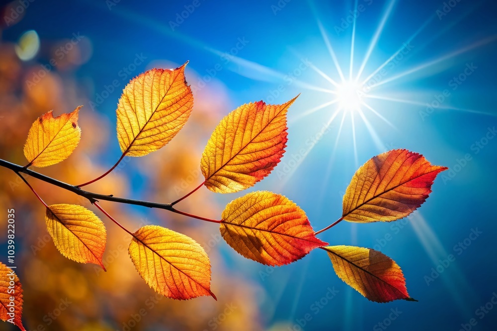 Autumn Leaf Branch Against Abstract Blue Sky - Perfect for Seasonal Product Presentation Autumn Leaf Branch Against Abstract Blue Sky - Perfect for Seasonal Product Presentation