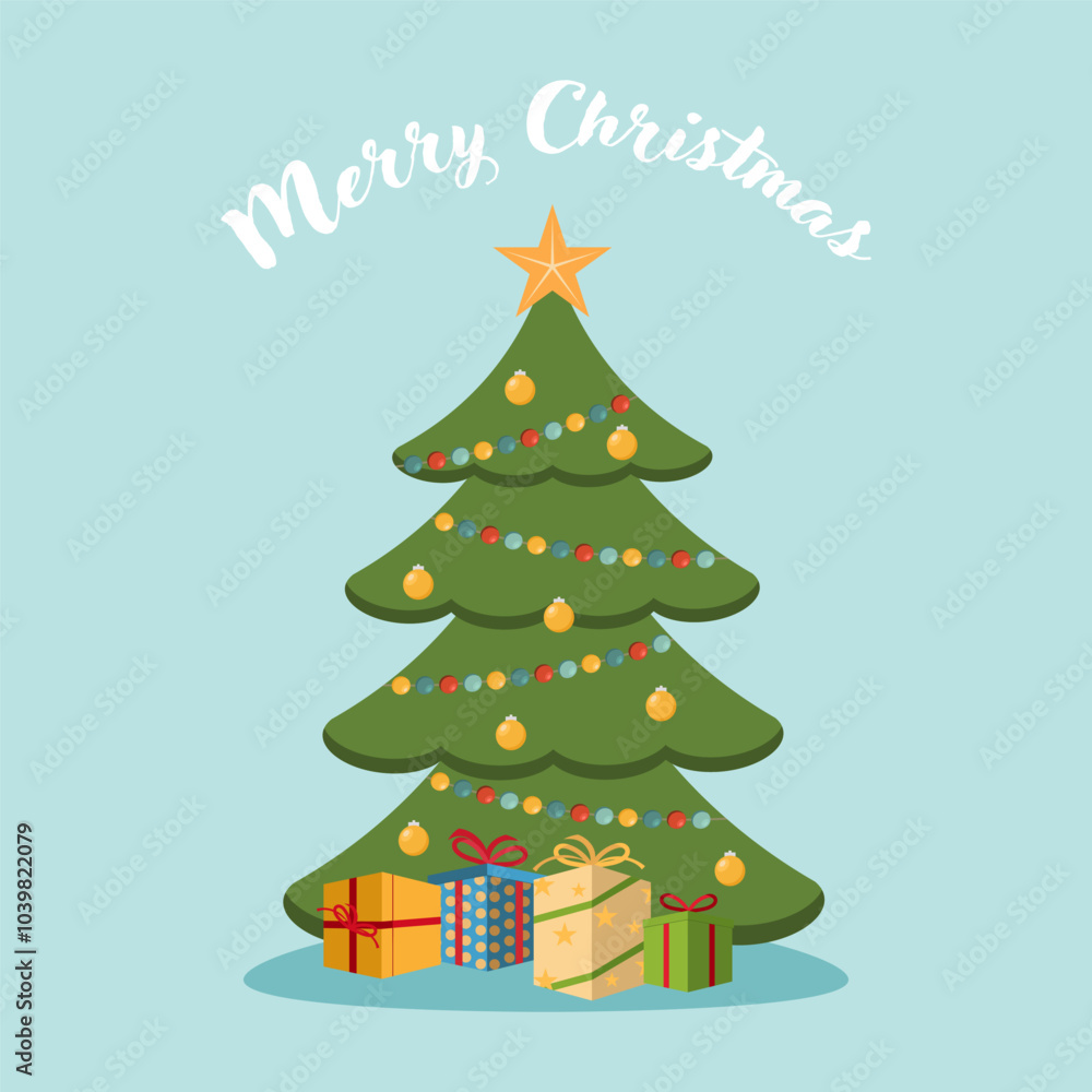 Christmas tree with garlands light and gift in a flat design Christmas tree with garlands light and gift in a flat design