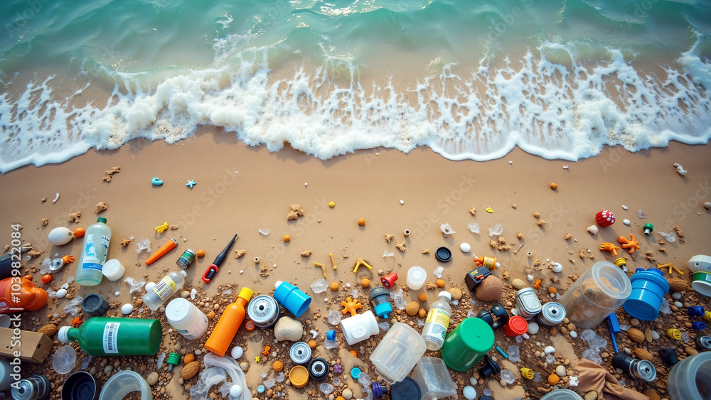 Plastic pollution concept - Top view seashore showing a wave and colorful plastic garbage washed out onto the beach sand Plastic pollution concept - Top view seashore showing a wave and colorful plastic garbage washed out onto the beach sand