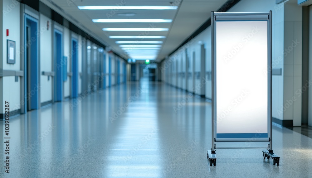 Empty hospital corridor with a display sign in the foreground during daytime hours Empty hospital corridor with a display sign in the foreground during daytime hours