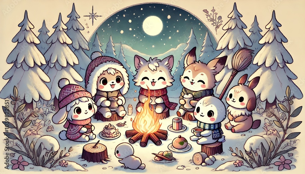 Naklejka premium Cozy Winter Campfire Scene with Adorable Fantasy Characters Under a Small Moonlit Night Sky, Radiating Warmth and Charm