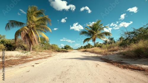 A tranquil, secluded tropical road, framed by lush palm trees and an expansive clear sky, evoking feelings of escape, serenity, and untouched beauty.