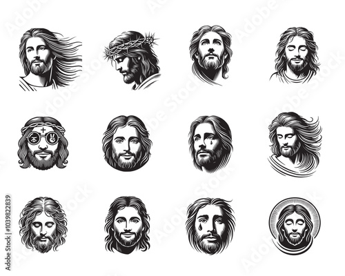 Jesus Christ Face ClipArt Design Bundle - Jesus head vector illustration in black and white
