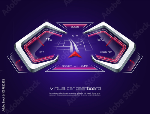 Virtual digital car dashboard concept. HUD vehicle interface with navigation mode. Neon illuminated control panel of a car with speedometer, tachometer, virtual navigator etc. Vector illustration
