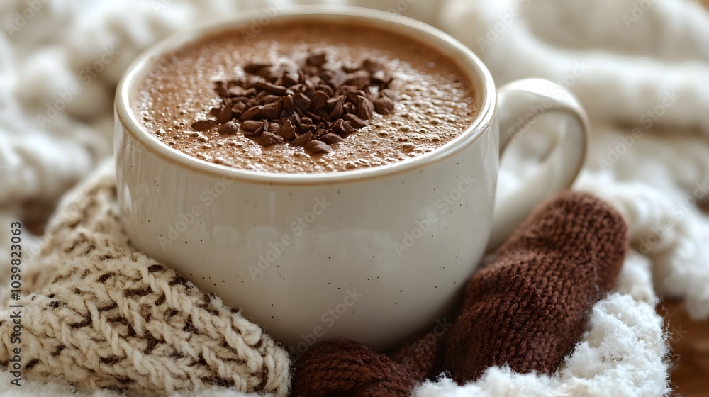 Hot cocoa and woolen mittens on a wooden table with a snowy backdrop Hot cocoa and woolen mittens on a wooden table with a snowy backdrop