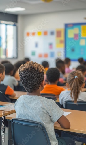 Boy in a classroom, sitting at his desk.