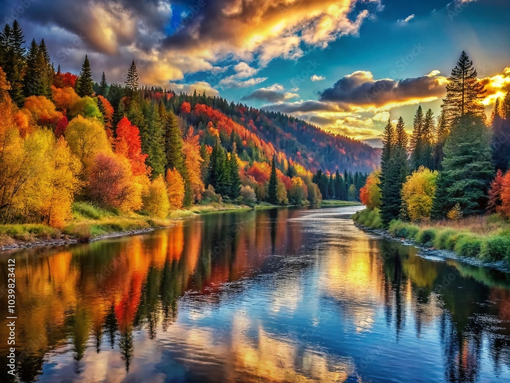 Naklejka premium Autumn River Landscape at Sunset with Colorful Forest and Spruce Trees Reflected in Calm Water
