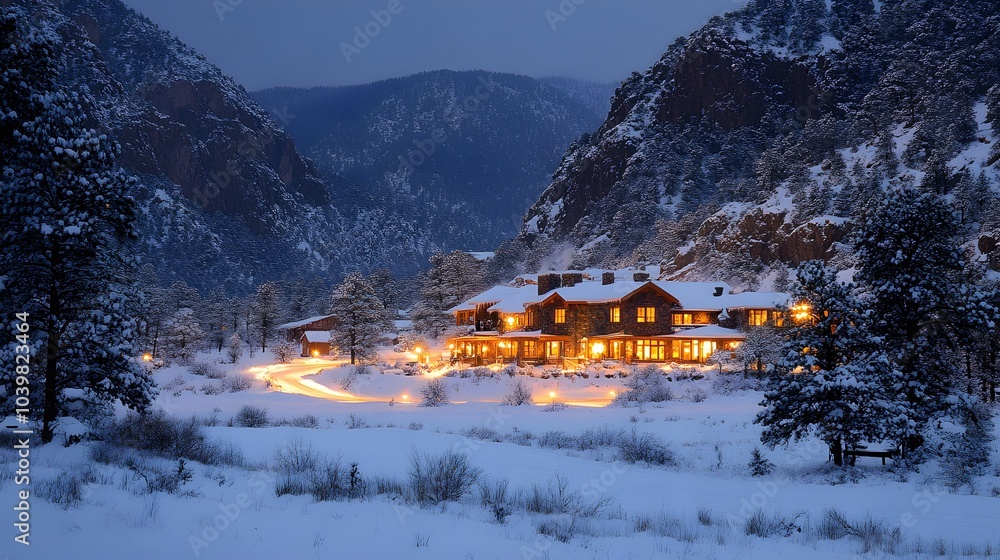 Scenic mountain retreat covered in snow with a cabin glowing warmly Scenic mountain retreat covered in snow with a cabin glowing warmly