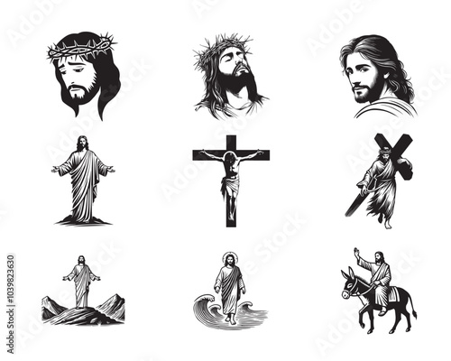 Jesus Christ ClipArt Design Bundle - Christian Jesus vector illustration in black and white
