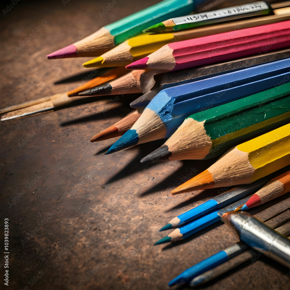Fototapeta premium Sets of pastels, charcoal pencils, and sketching tools invite artistic expression