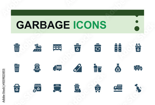 Garbage filled icons set. Including trash bin, compost, landfill, recycling, waste management, litter and more. Minimal solid icon collection.