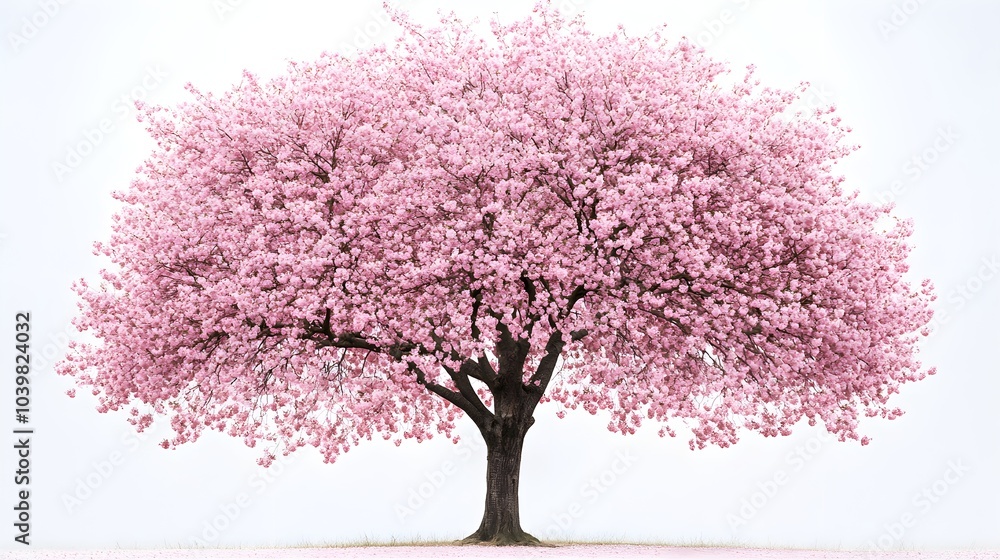 Fototapeta premium Beautiful cherry tree in full bloom, delicate pink and white flowers covering its branches, set against a pristine white background, radiating spring serenity