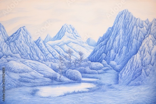 Fuji blue ballpoint pen drawing landscape mountain.