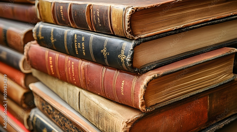 Close-up stack of thick hardcover books in rich, earth-tone colors, spines facing up, with worn edges for a rustic, academic feel Close-up stack of thick hardcover books in rich, earth-tone colors, spines facing up, with worn edges for a rustic, academic feel