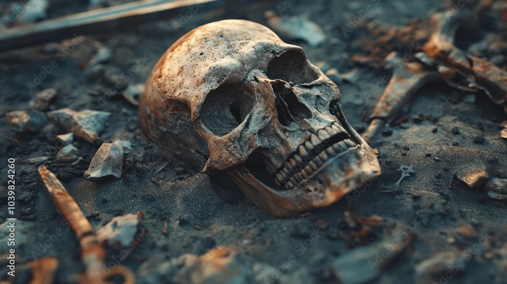 Skeletons of ancient warriors discovered in a battlefield, with rusted weapons and armor fragments scattered around Skeletons of ancient warriors discovered in a battlefield, with rusted weapons and armor fragments scattered around