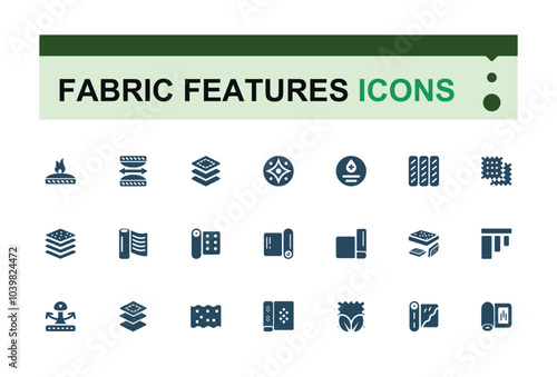 Set of solid Fabric features icons. Including to polyester, cotton, wool, linen, textile patterns, clothing, and weaving. Minimalist filled icon collection.