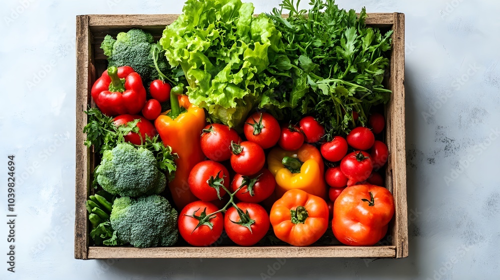 Minimalist top-down shot of a crate packed with fresh vegetables, light and spacious background, ideal for adding text, healthy eating and vegan concept Minimalist top-down shot of a crate packed with fresh vegetables, light and spacious background, ideal for adding text, healthy eating and vegan concept