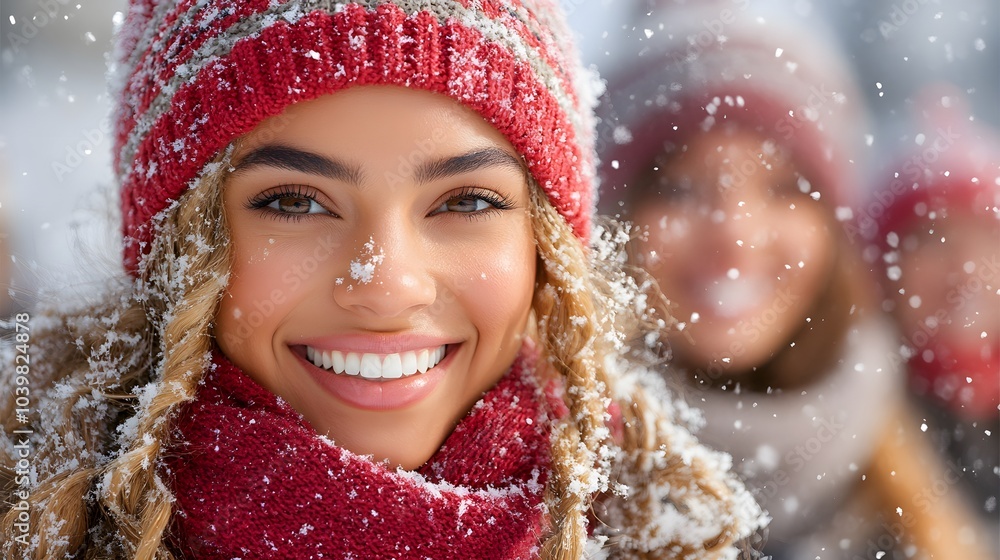 Travelers bundled up with scarves and hats, exploring snowy city streets Travelers bundled up with scarves and hats, exploring snowy city streets