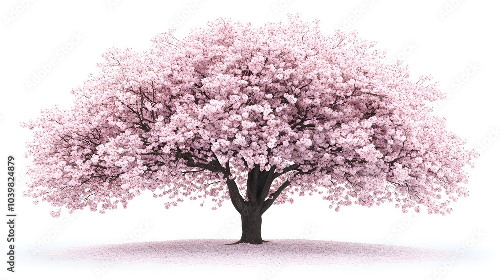 A magnificent cherry tree in full bloom, its branches adorned with tender flowers, standing against a white background to highlight the delicate spring blossom A magnificent cherry tree in full bloom, its branches adorned with tender flowers, standing against a white background to highlight the delicate spring blossom