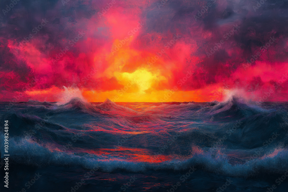 Oil painting of an ocean sunset with crashing waves Oil painting of an ocean sunset with crashing waves