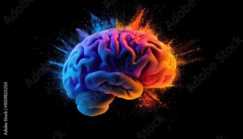 Vividly illuminated brain with colorful explosion effect against a dark background