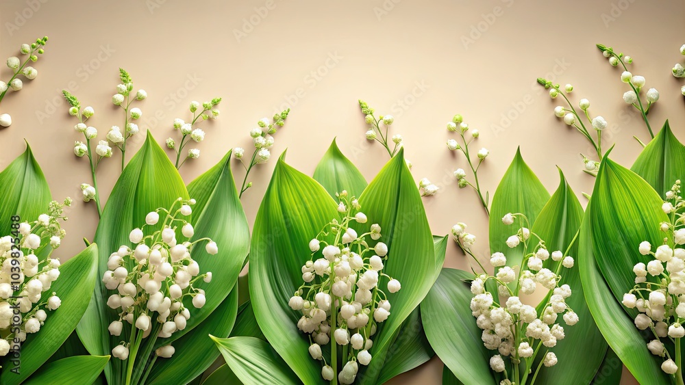 Obraz premium Horizontal Border Design Featuring Delicate Lily of the Valley Flowers and Lush Green Leaves for Elegant Floral Decor and Nature-Inspired Artwork