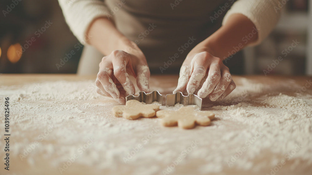 Shaping Gingerbread Cookies with Hands on Flour Dust Table Shaping Gingerbread Cookies with Hands on Flour Dust Table