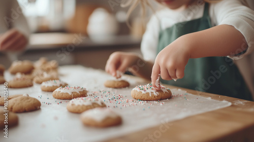 Children Decorating Cookies for Christmas in Festive Kitchen photo