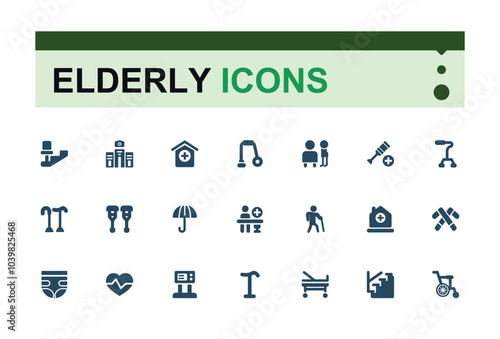 Set of solid elderly Minimal icons. Containing Elderly Care, medical aid, nursing home, hospital services, physical therapy, doctor visit, patient support filled icons collection.