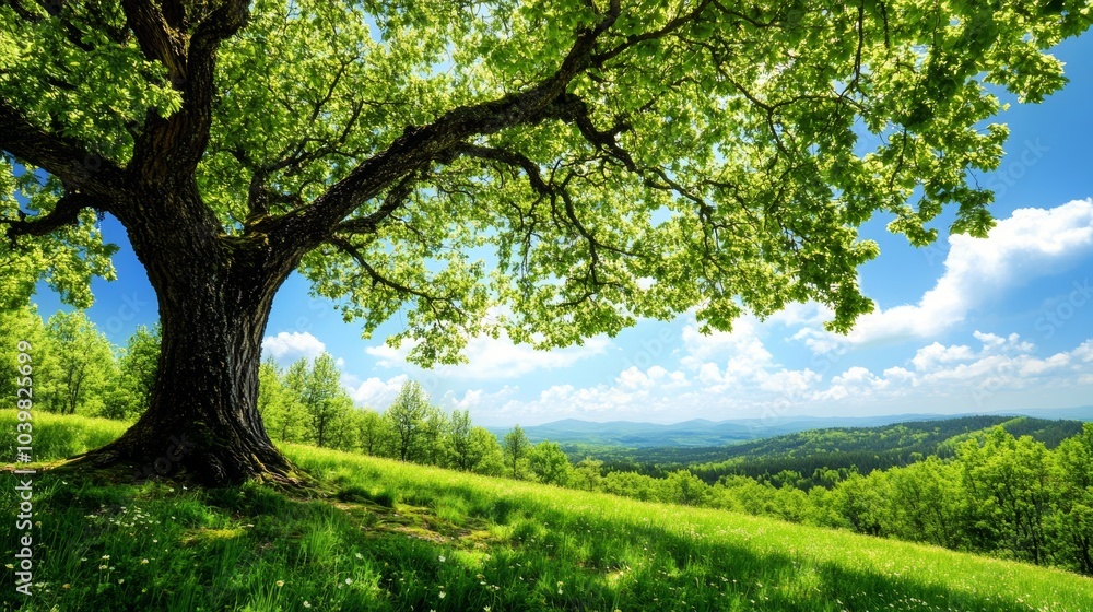 Majestic Oak Tree Overlooking Lush Green Hills and Blue Sky Majestic Oak Tree Overlooking Lush Green Hills and Blue Sky