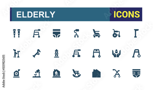 Set of solid elderly Minimal icons. Containing Elderly Care, medical aid, nursing home, hospital services, physical therapy, doctor visit, patient support filled icons collection.