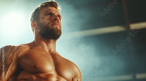 A shirtless muscular man stares intensely with focus in a smoke-filled gym setting, epitomizing power, discipline, and resilience in his expression. photo