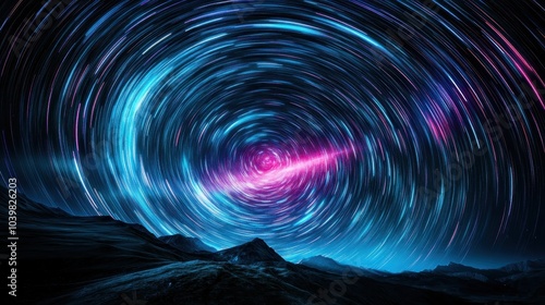 Dynamic long-exposure photography captures swirling star trails in a visually striking image over mountains, showcasing the universe's energy and movement.