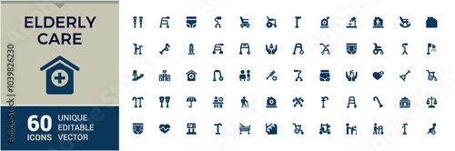 Elderly care solid icons set. Including medical support, wheelchair, home care, hospital and more. Minimalist filled icon collection. Editable vector illustration.