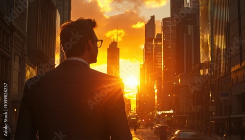 Businessman enjoying a sunset view on a city street in the evening glow