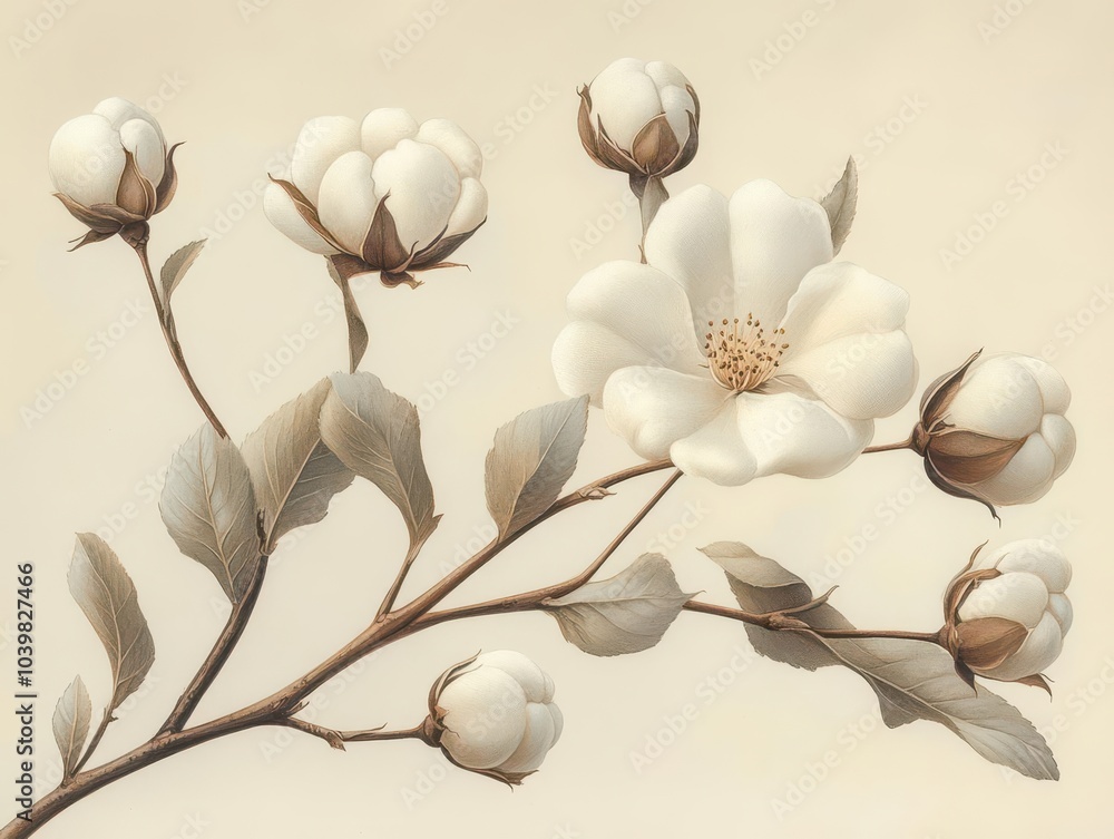 hand-drawn illustration of a cotton branch displaying graceful blooms and delicate fibers, emphasizing the beauty of nature and the textile industry in a soft, artistic style hand-drawn illustration of a cotton branch displaying graceful blooms and delicate fibers, emphasizing the beauty of nature and the textile industry in a soft, artistic style
