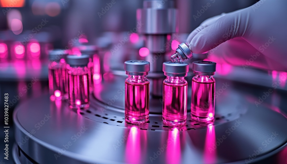 Hand injecting a vial with liquid in a high-tech laboratory setting Hand injecting a vial with liquid in a high-tech laboratory setting
