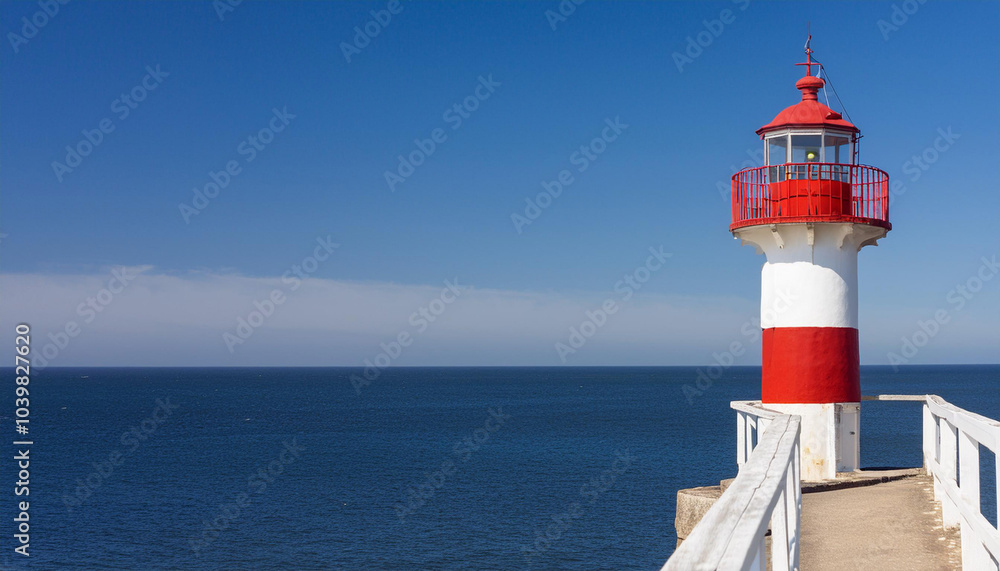 Red and White Lighthouse on Top of Pier and Copy Space Red and White Lighthouse on Top of Pier and Copy Space