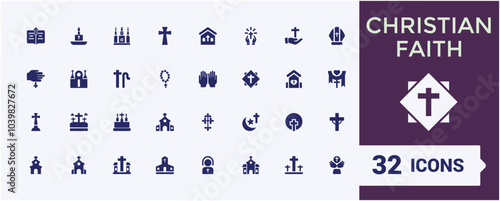 Set of solid Christian faith icons. Including sermon, hymn, scripture, church, communion and more. Filled icon collection. Pixel perfect vector illustration.