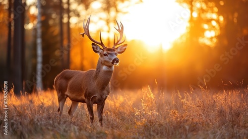 A deer is beautifully framed in a sunlit forest during autumn, showcasing its antlers amid a backdrop of vibrant foliage, symbolizing nature’s tranquility and elegance.