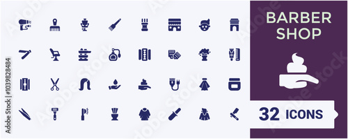 Barber shop solid icons set. Containing scissors, blow dryer, comb, salon chair, and hair products. Minimal filled icons collection. Vector illustration.