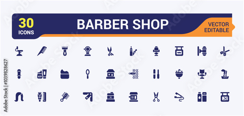 Barber shop solid icons set. Containing scissors, blow dryer, comb, salon chair, and hair products. Minimal filled icons collection. Vector illustration.