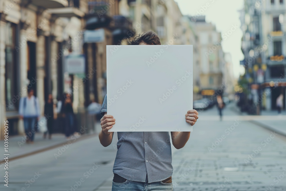 Handsome man with white blank signboard standing on city street Handsome man with white blank signboard standing on city street